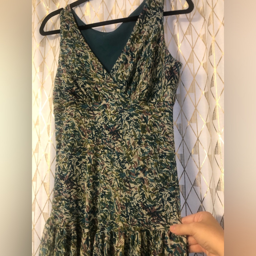 Jonathan Martin Dress White Teal Floral Drop Waist Midi V-Neck - size Medium - Picture 4 of 9